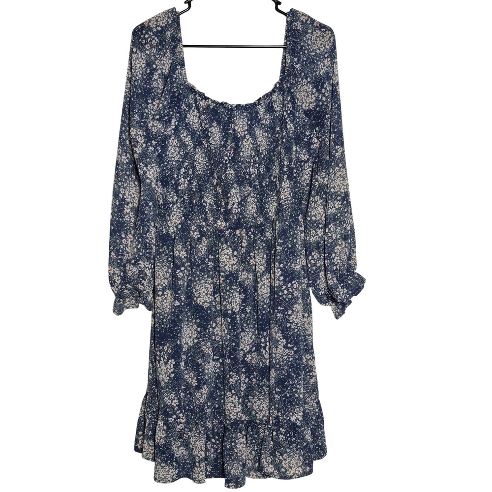 As U Wish Blue Floral Smocked Long Sleeve Mini Dress Plus 2X Cottage Boho Ruffle